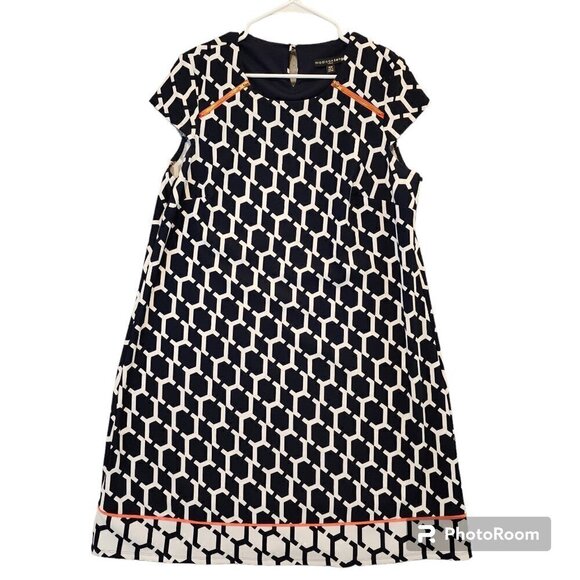 Madison Leigh Woman Dress Navy White Zipper Accent Geometric Cap Sleeve Sz 16 - Picture 1 of 8